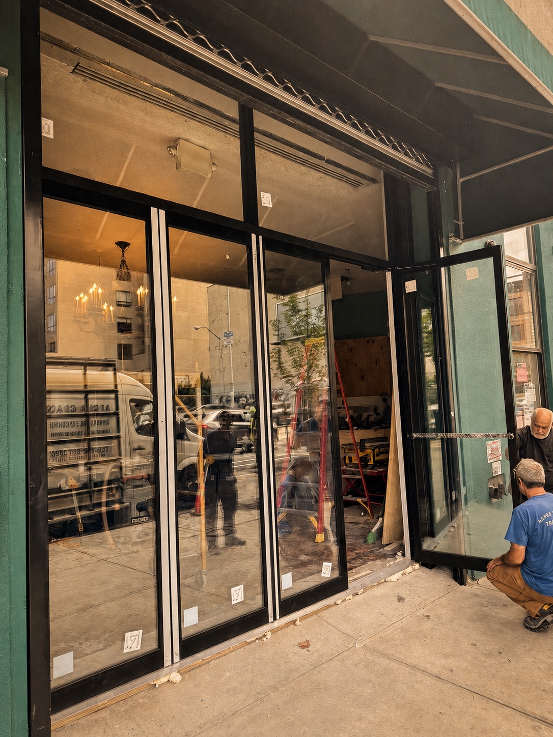 Fresh Pops’ new glass storefront doors being installed, with one door open to the sidewalk.